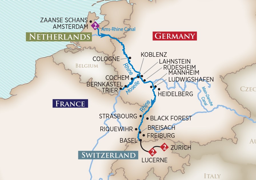 Rhine and Moselle Cruise map